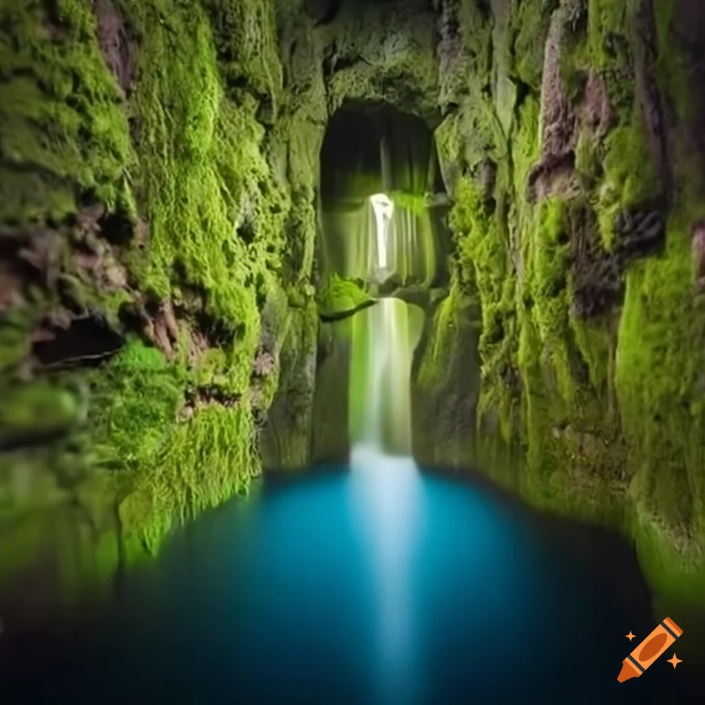 Moss-covered altar in an underground lake