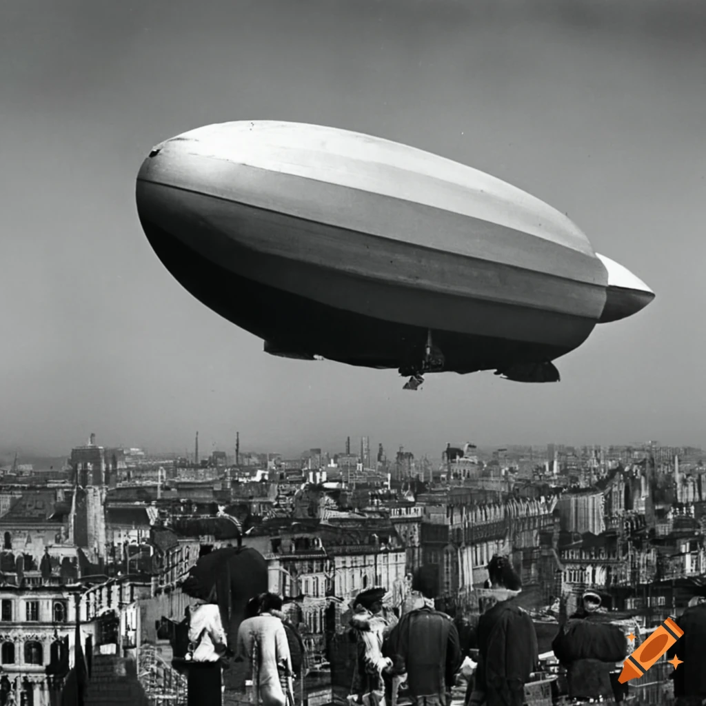 Historical scene of the Hindenburg Zeppelin docked on the Eiffel Tower in 1930s France