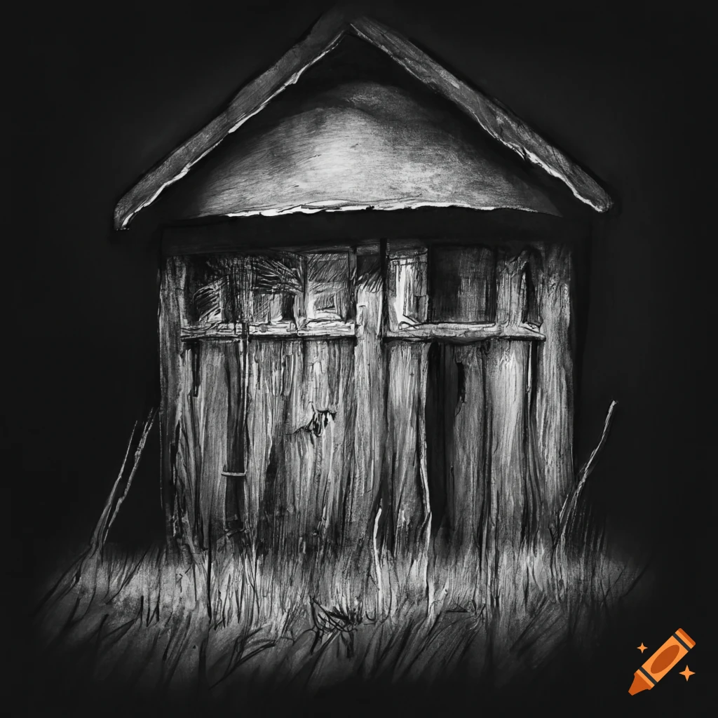 Cottage fence and yard at night in charcoal drawing