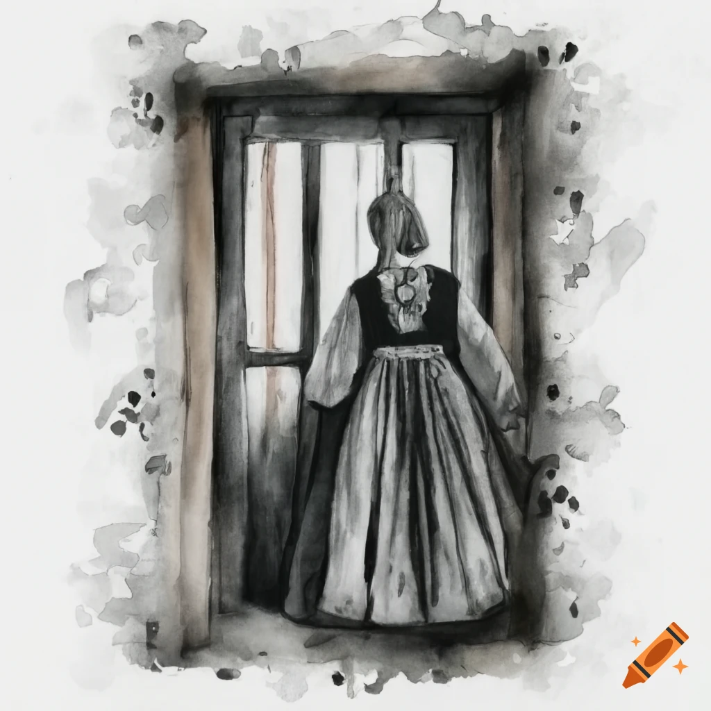Woman in folk costume standing in open cottage door at night in a charcoal drawing