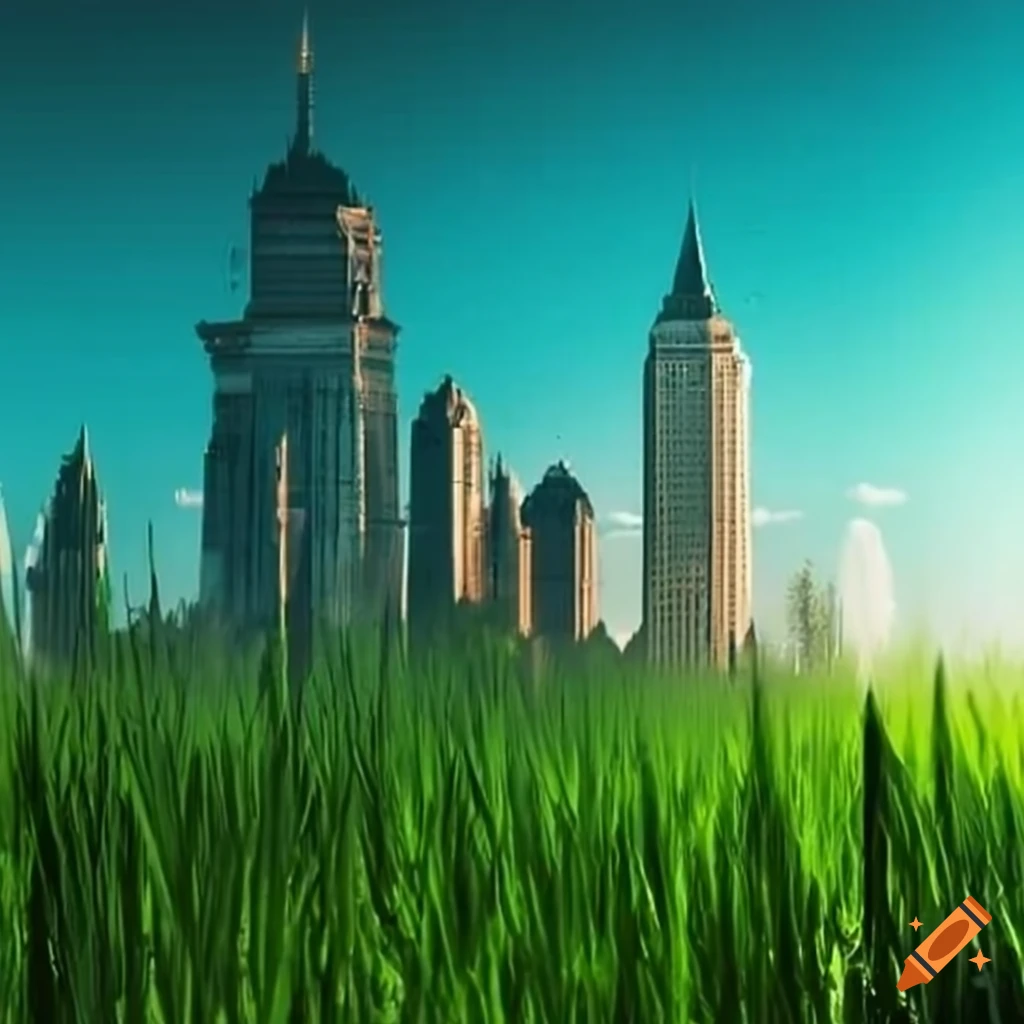 Miniature city built into a blade of grass on Craiyon