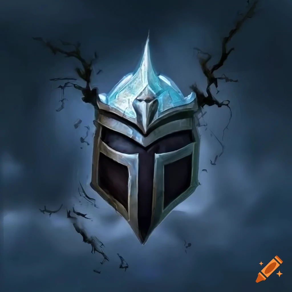 Intricate paladin helmet with lightning bolts under a stormy sky