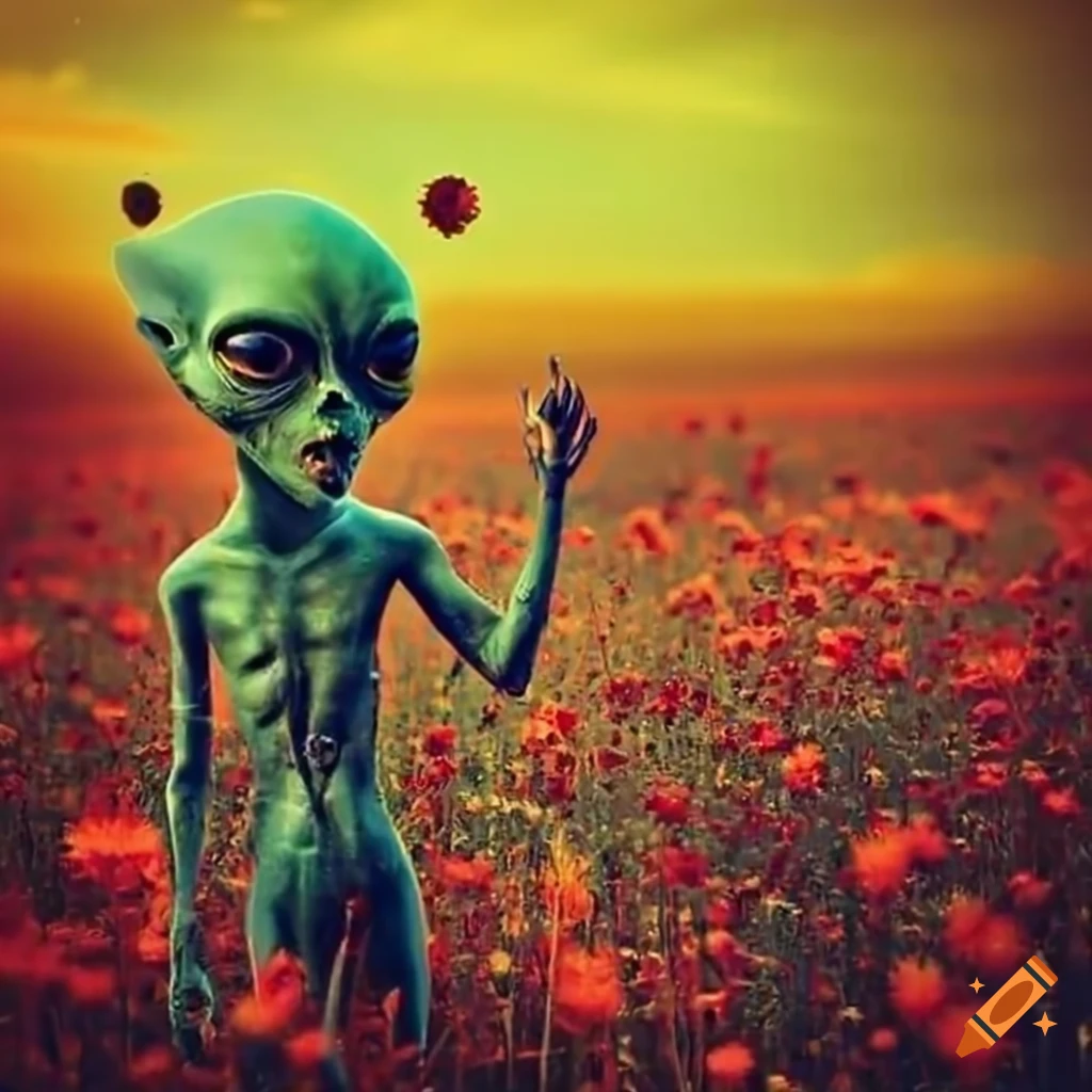 Aliens playing in a field of flowers