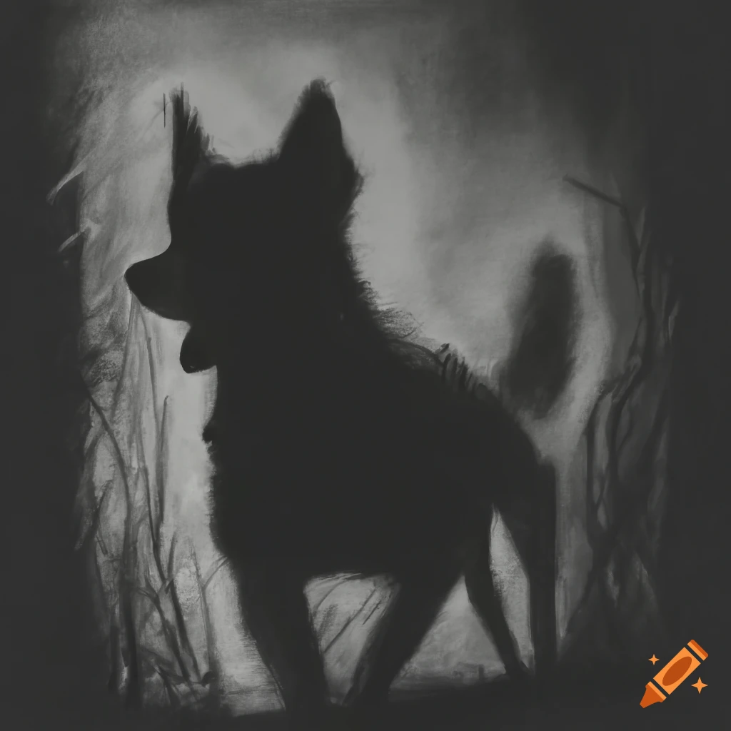 Dark dog shadow running in a village setting in charcoal drawing