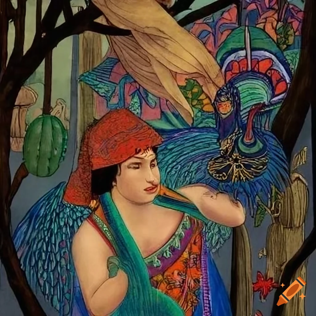 Illustration of mystical Curandera Raven and elegant Mother Goose with Peacock Cloak