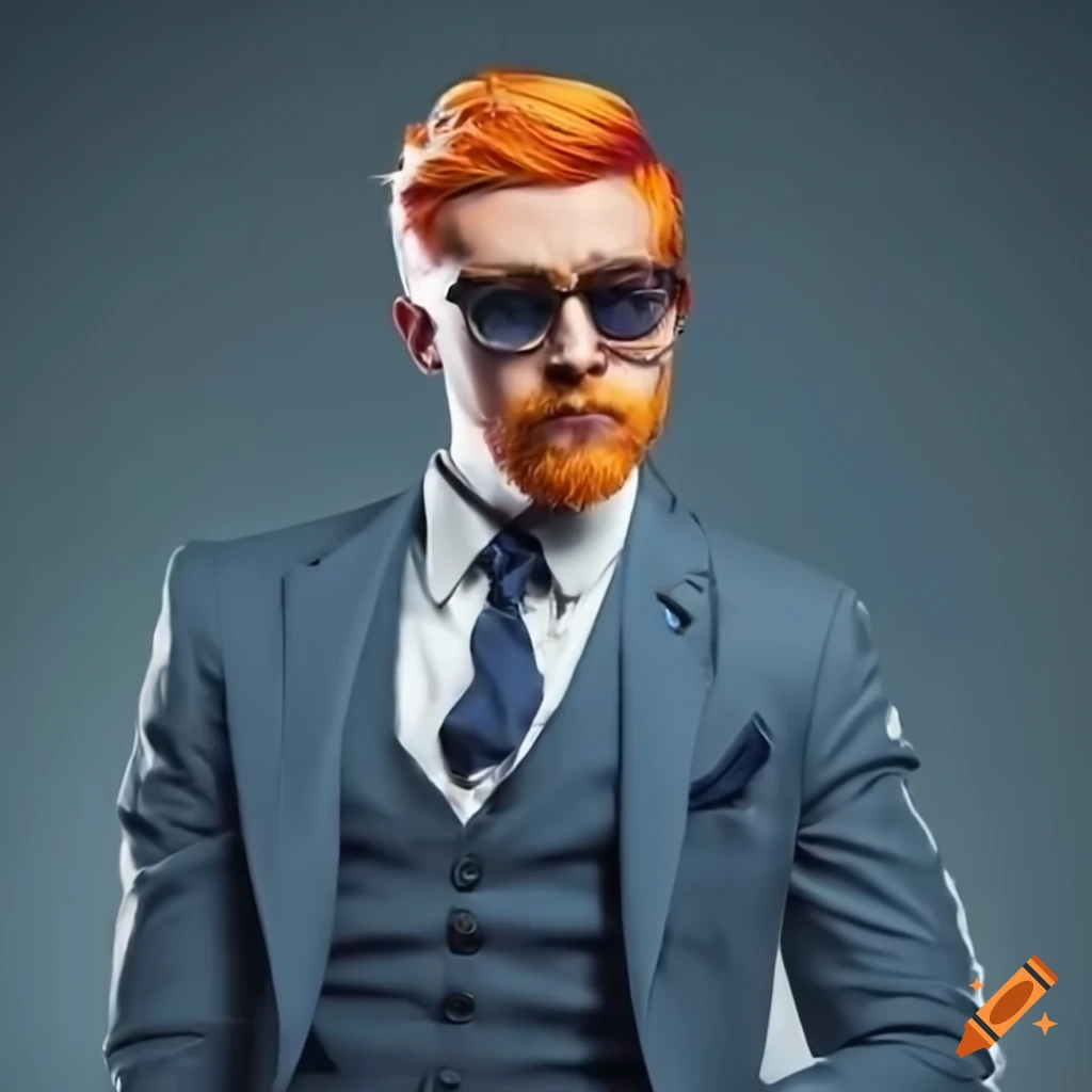 Man with flame orange hair, beard, and stylish suit
