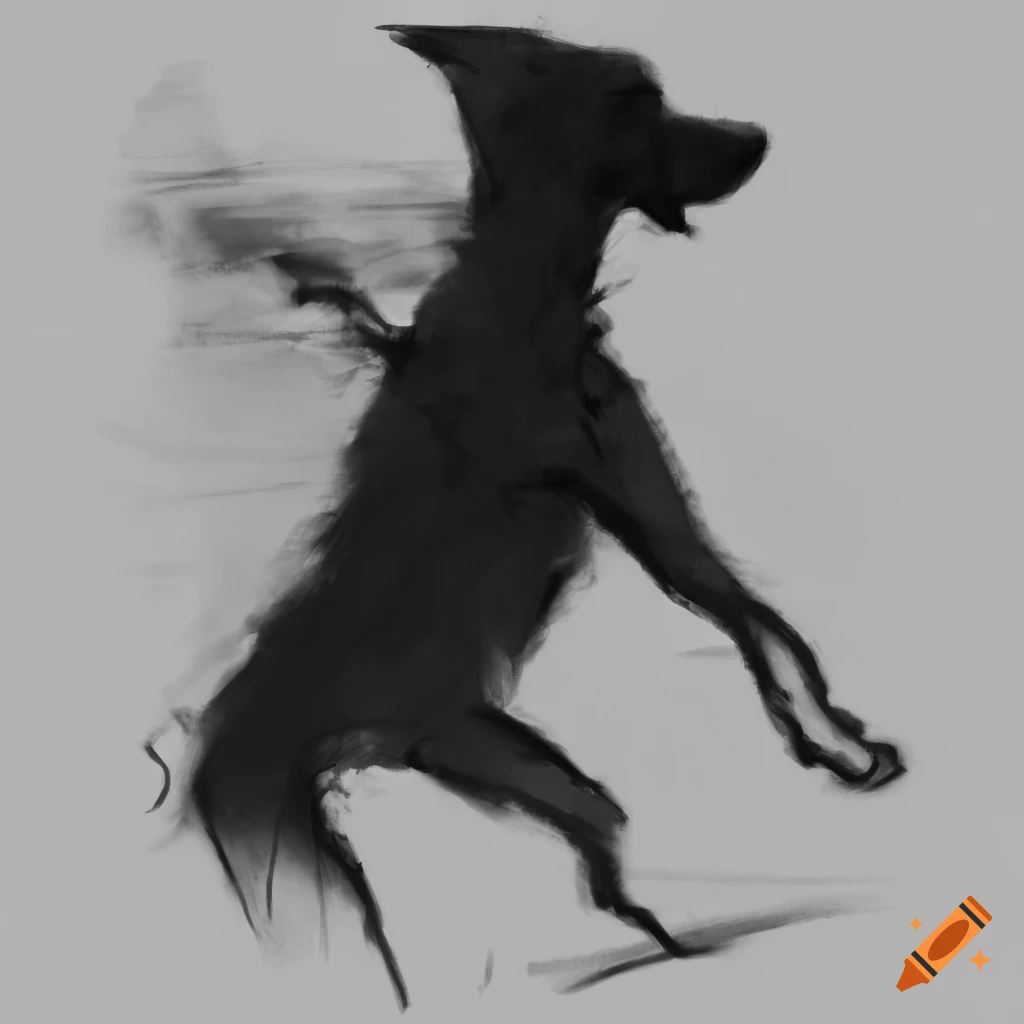 Shadow of a dog running in a village patch in a charcoal drawing