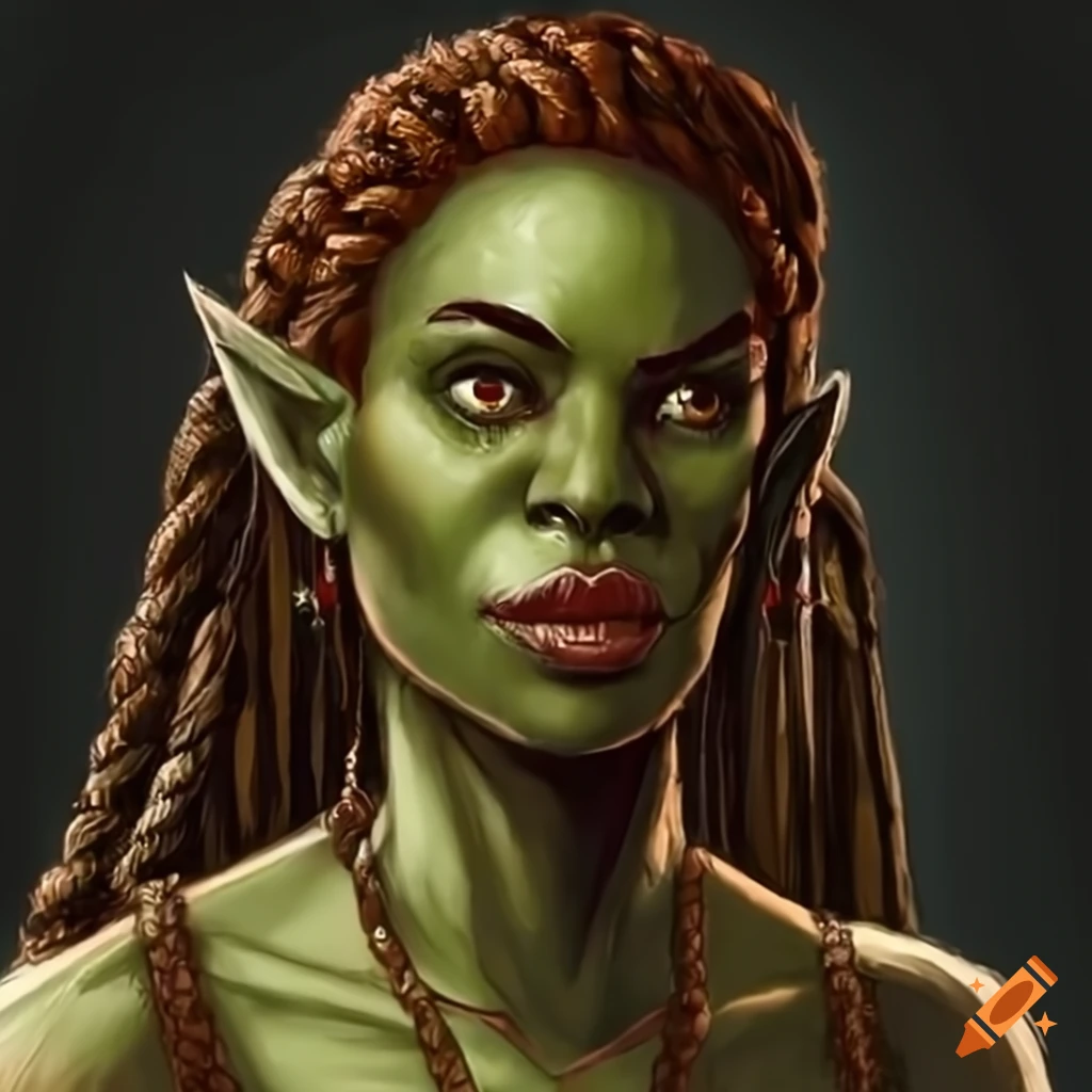 African transgender female Half-Orc character with box braids