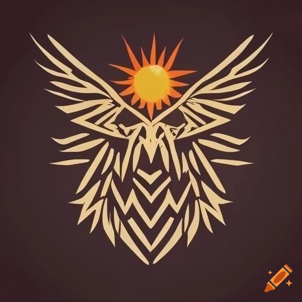 Geometric logo of a stylized bird of prey with raised wings and sun symbol