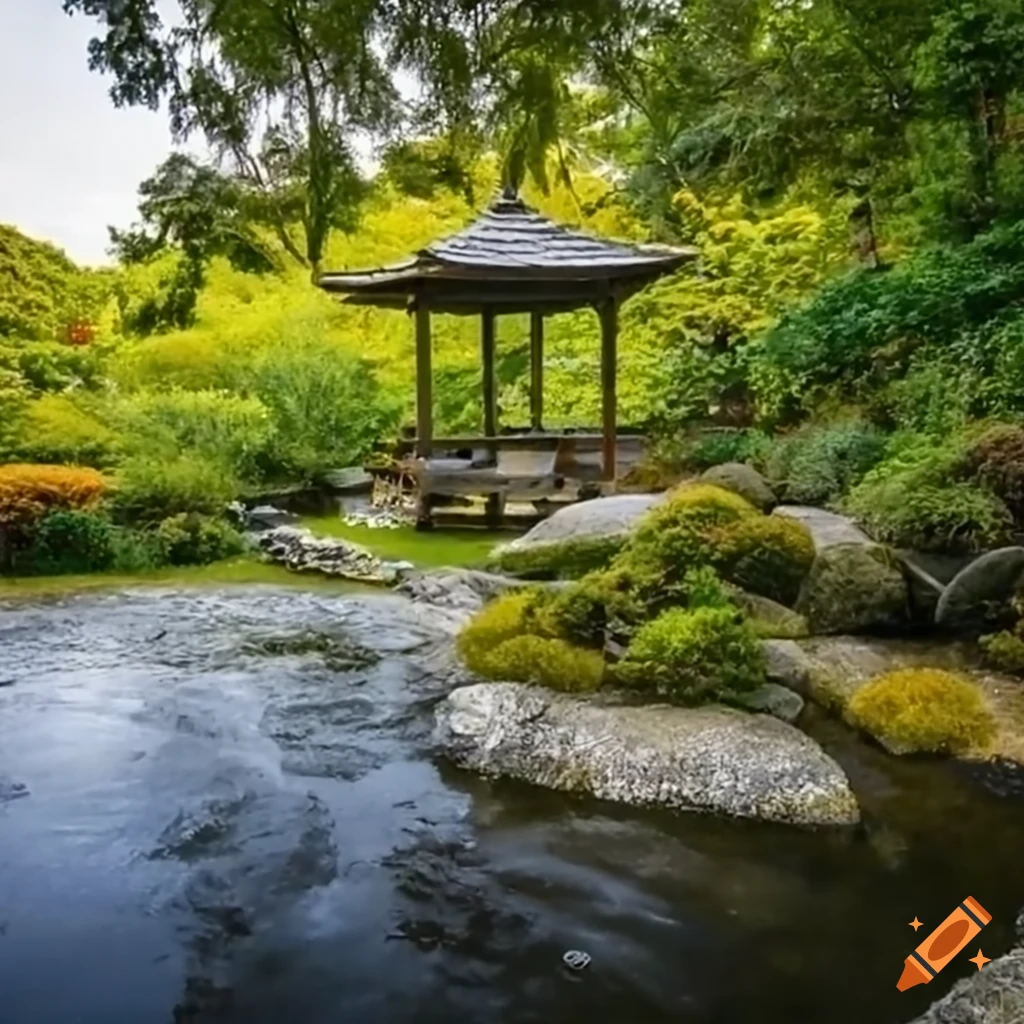 Entrance to a peaceful Zen garden with a river and water puddles