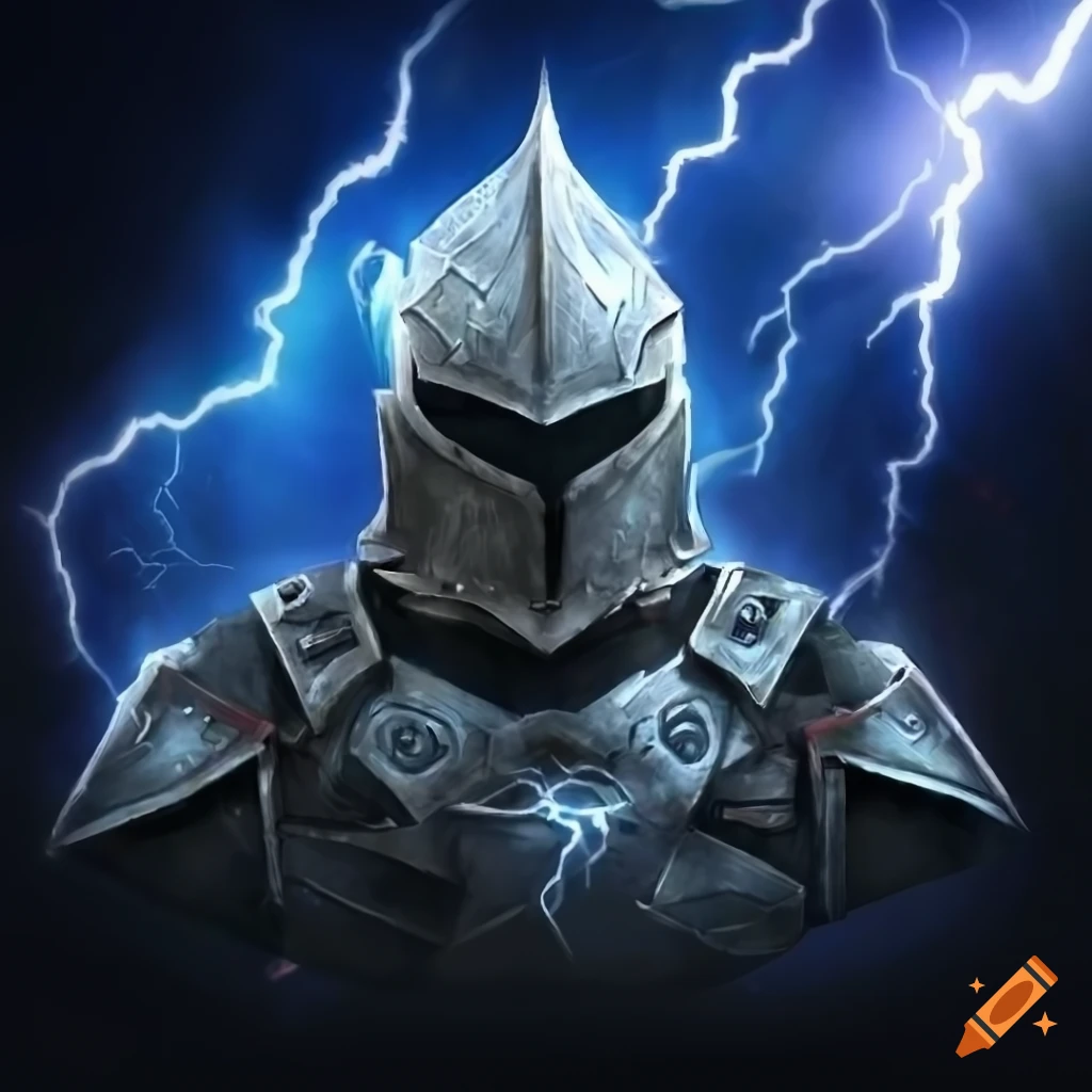 Intricate paladin helmet with lightning bolts under a stormy sky