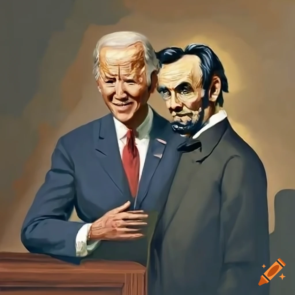 Biden and Lincoln meeting in American frontier setting with Romanticism art style