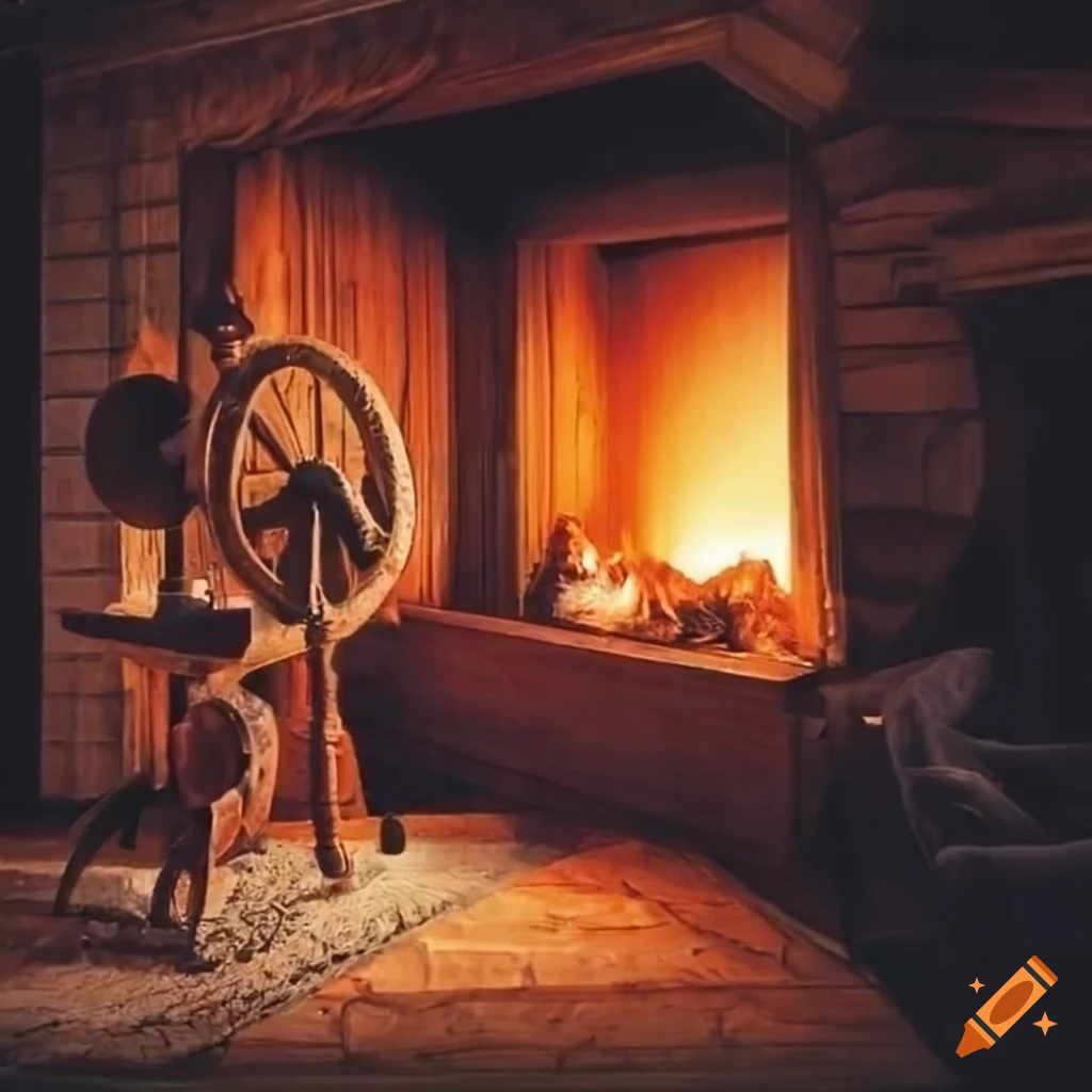 Spinning wheel next to fireplace with yarn and basket of wool in Scottish cottage