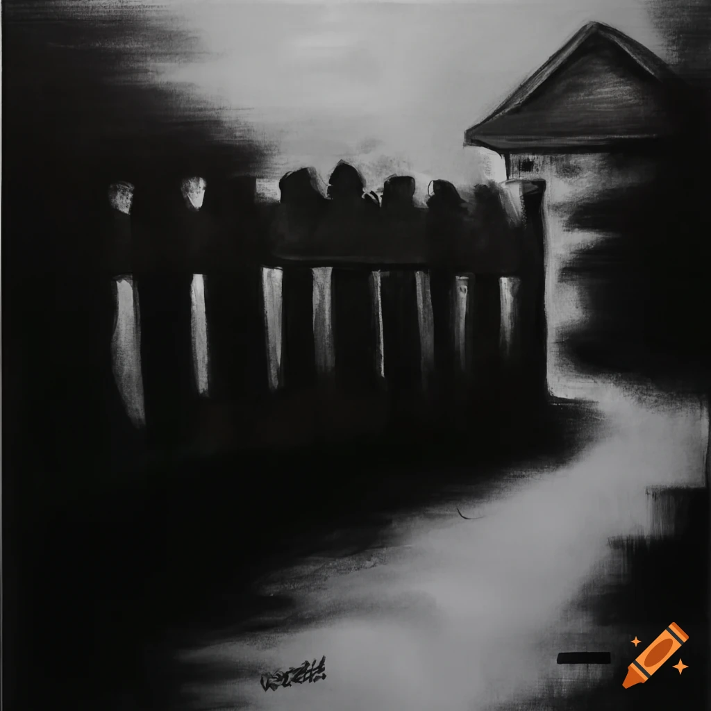 Cottage fence and yard in a night scene in charcoal black and white