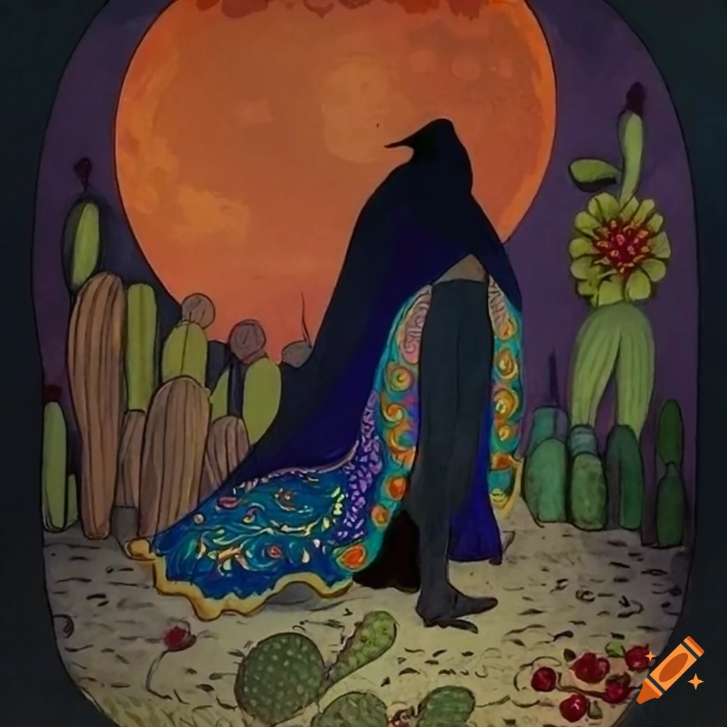Storybook illustration of a mystical Curandera Raven and elegant Mother Goose in a dark forest at twilight