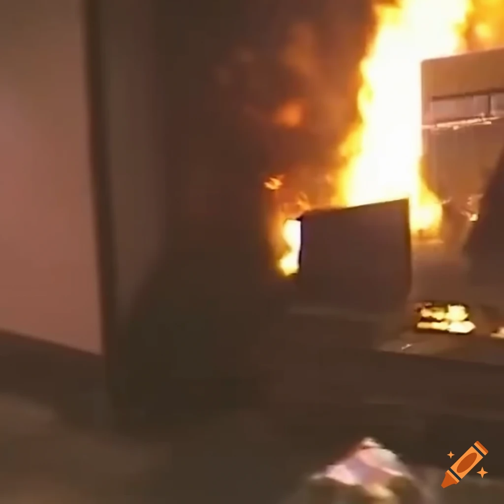 Cyberpunk apartment on fire in VHS footage with motion blur