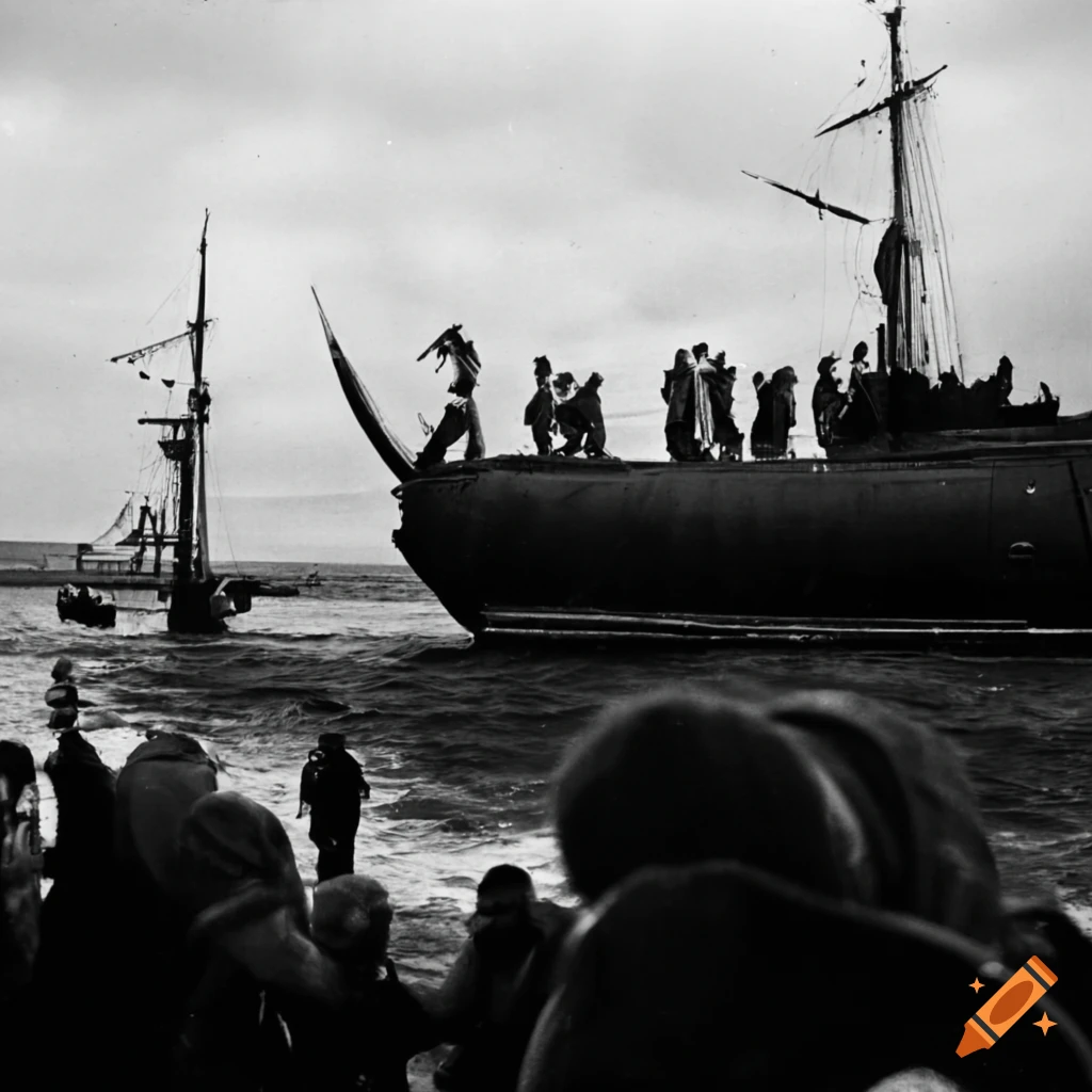 Wooden submarine being launched into the ocean in the middle ages in England