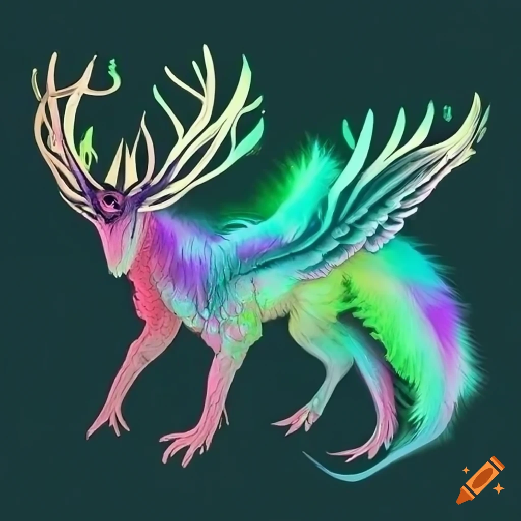 Quadrapedal fantasy creature with aurora light, fluffy body, scales