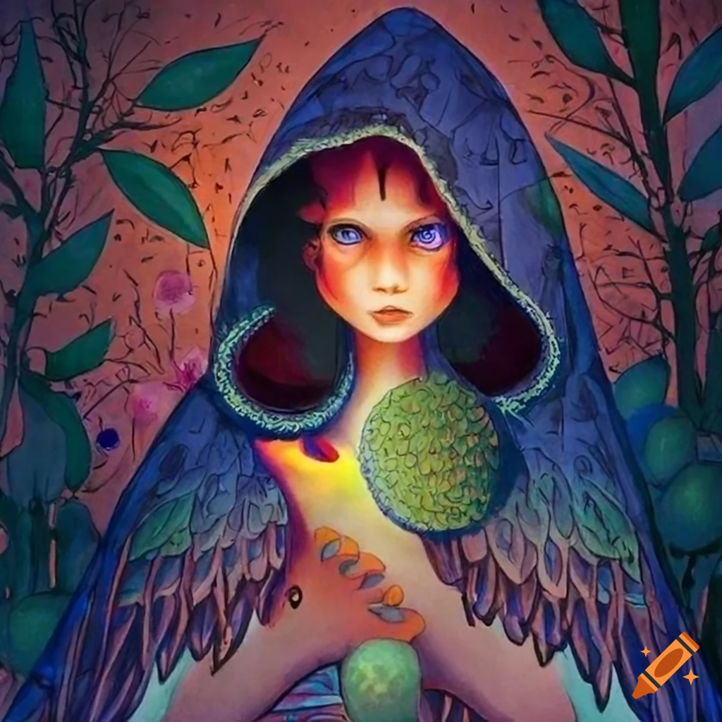 Storybook illustration of a mystical Curandera Raven and elegant Mother Goose in a dark forest at twilight