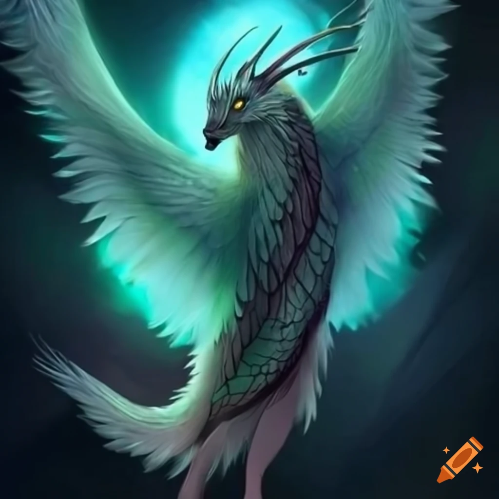 Quadrapedal fantasy creature with aurora light, fluffy body, scales