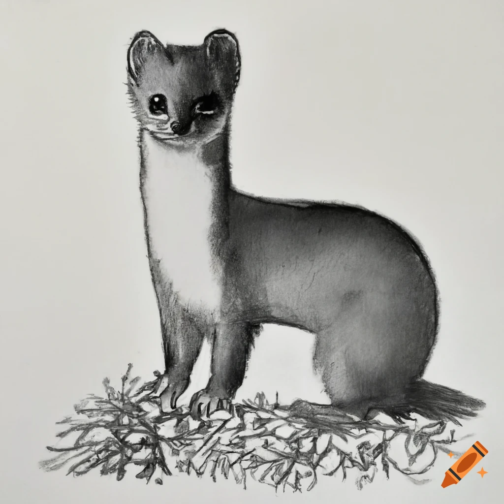 Weasel shadow lurking from bushes in a gloomy night, charcoal drawing