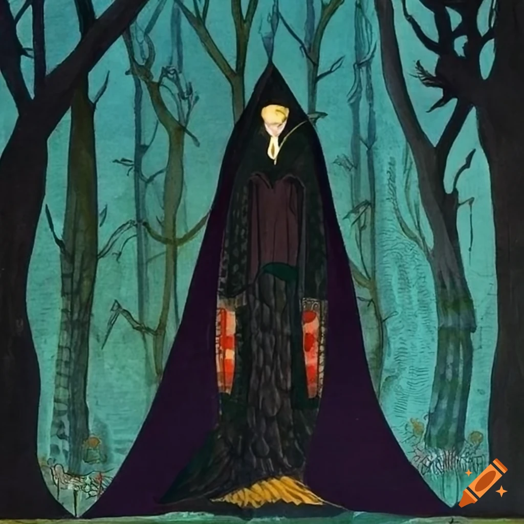 Storybook illustration of a mystical Curandera Raven and elegant Mother Goose in a dark forest at twilight