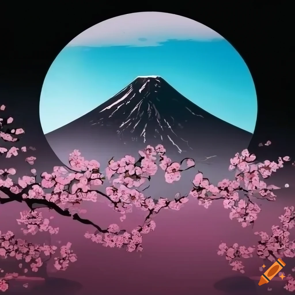 Cherry blossoms with Mount Fuji illustration on black background