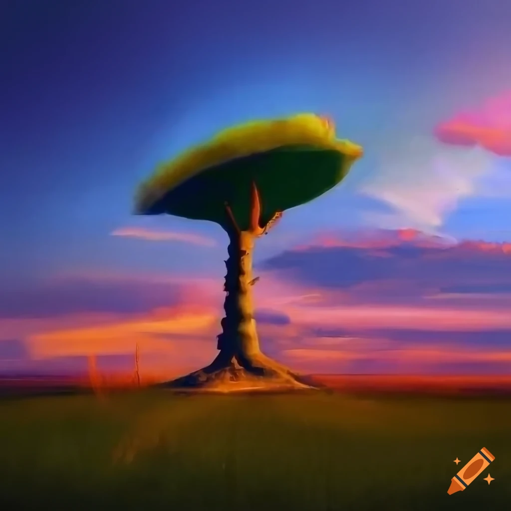 Two people standing in a meadow with a green tree and bonfire flame