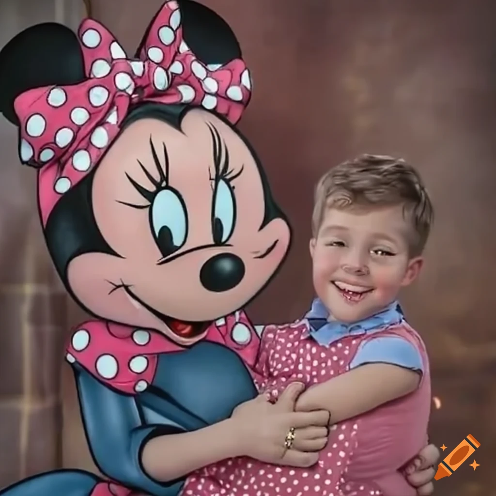 Minnie Mouse comforting a tall boy by the fireplace