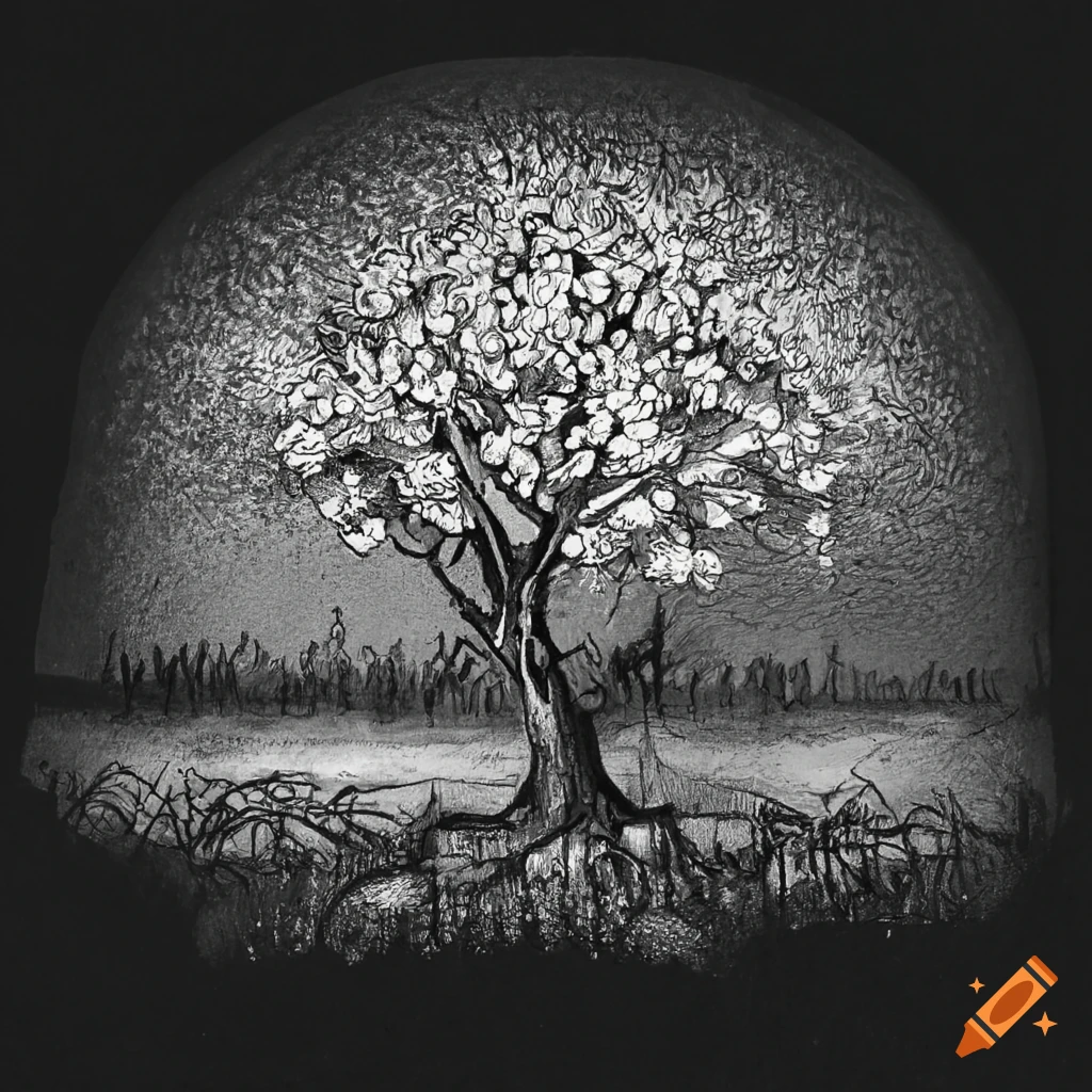Blossoming apple tree in a forest meadow charcoal drawing