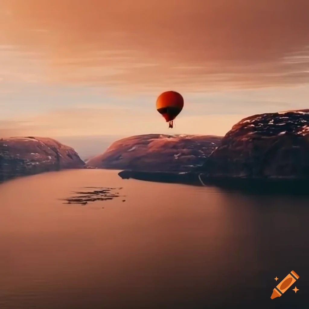 Norwegian fjord at sunset with a hot air balloon flying