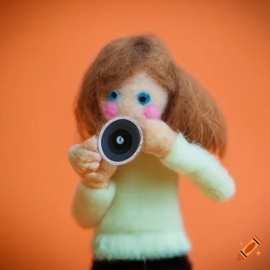 Needle felt actress with vinyl records on orange background in toy diorama setting