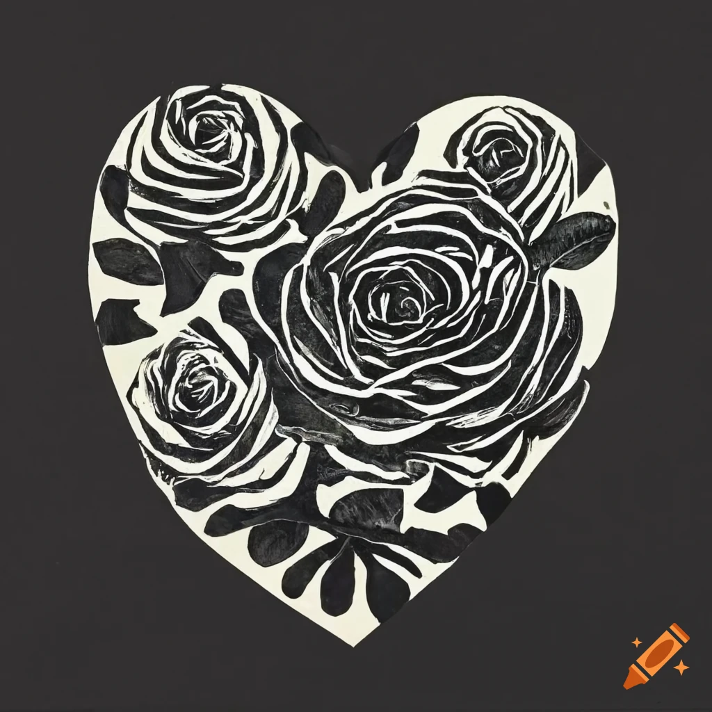 Lino cut print of a rose flower in heart shape with solid lines