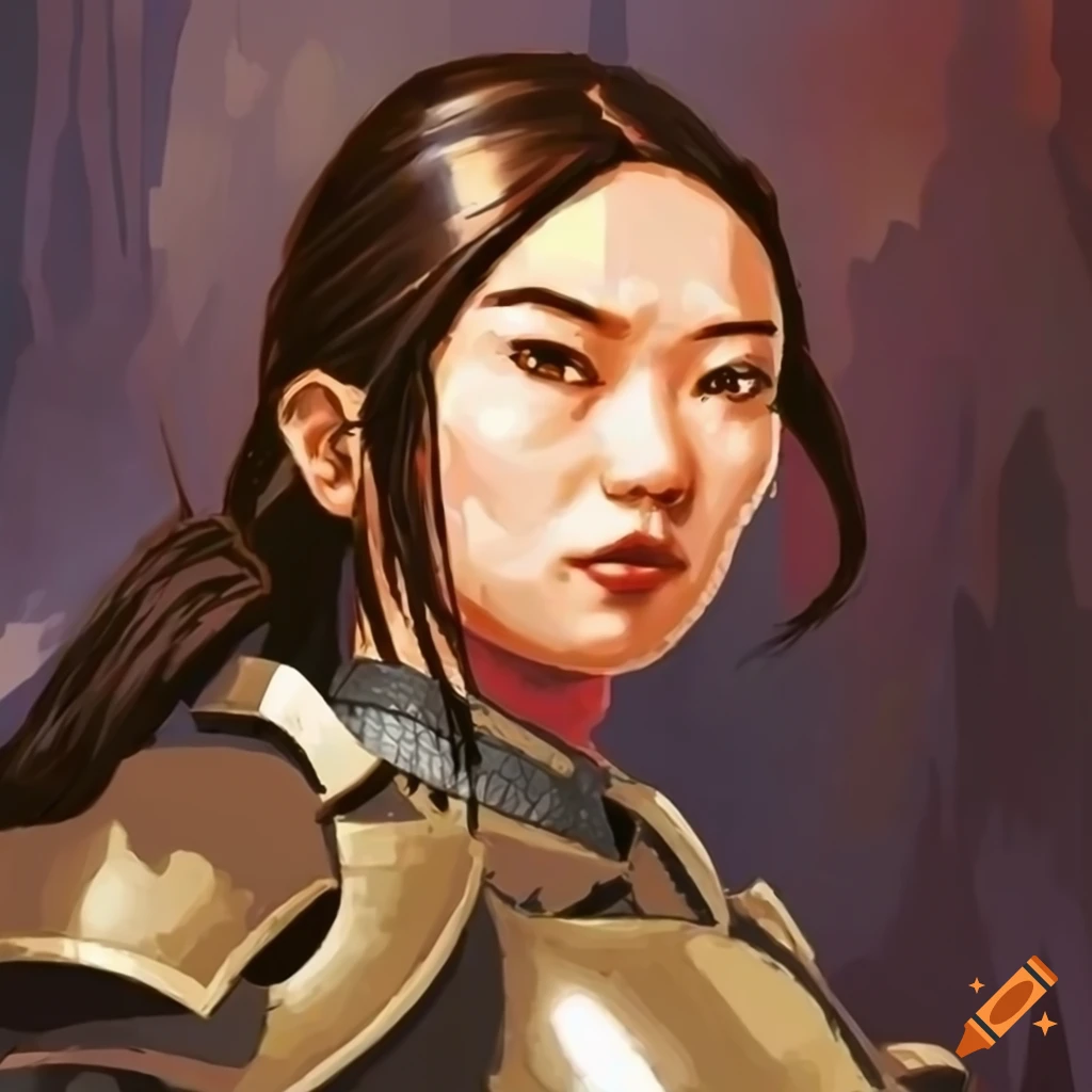 Close Up Portrait Of An Asian Female Medieval Soldier In Armor In Pixelated Cartoon Art Style On 1971