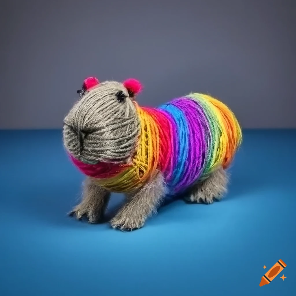 Capybara made from knitted rainbow yarn