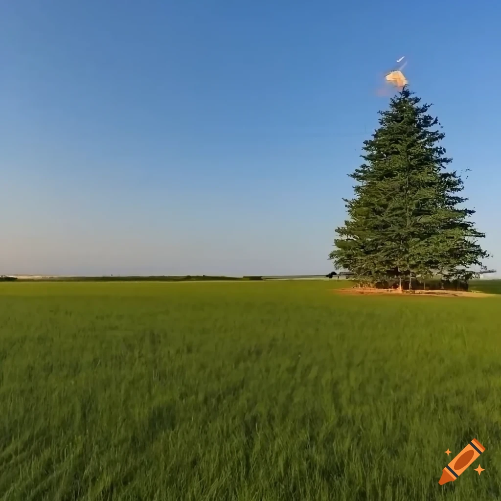 Two people standing in a meadow with a green tree on the left and a tall bonfire flame on the right