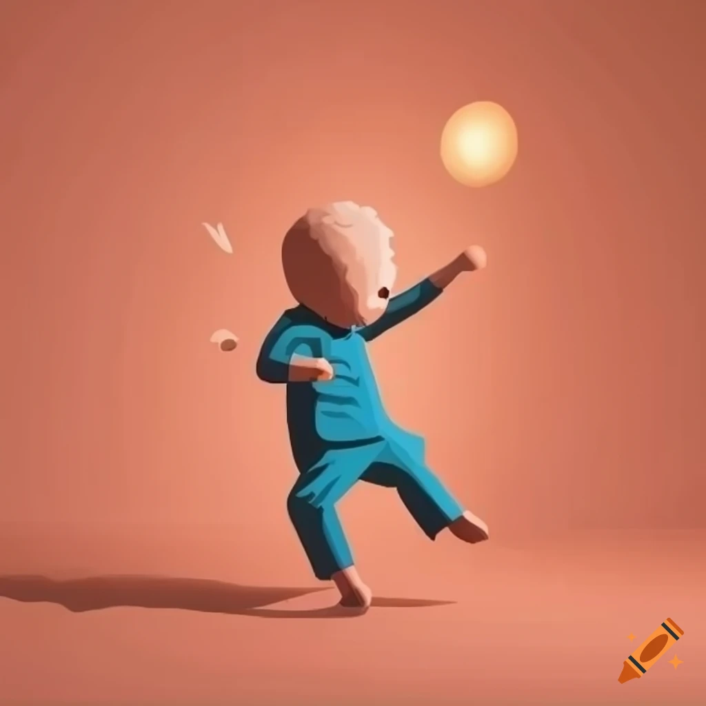 Isometric cozy cube room with a dancing man in earthtone peach colors
