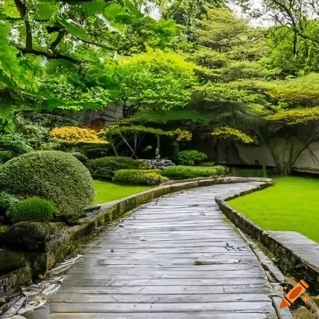 Entrance to a tranquil Zen garden with a peaceful river and water puddles