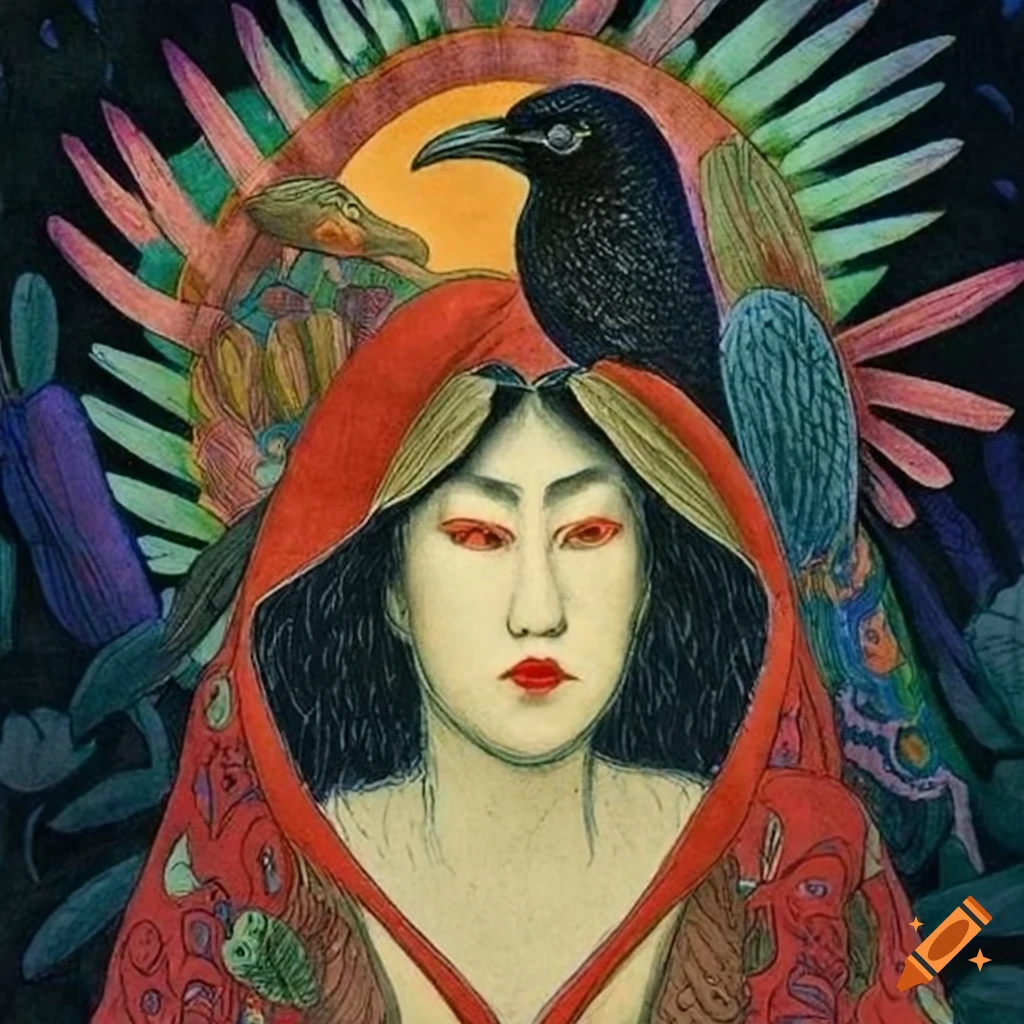 Illustration of mystical Curandera Raven and elegant Mother Goose with Peacock Cloak
