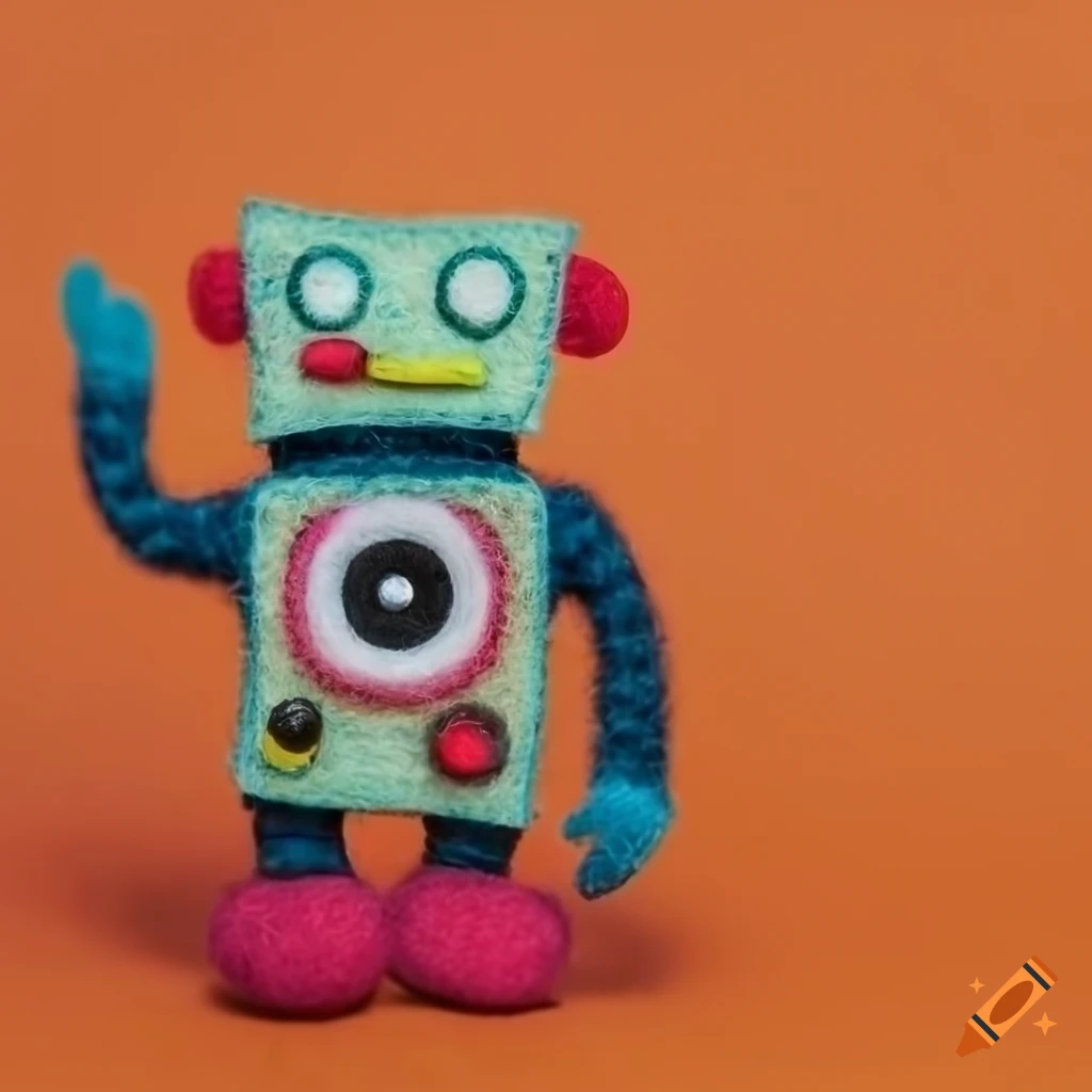 Needle felt robot with vinyl records in a toy diorama