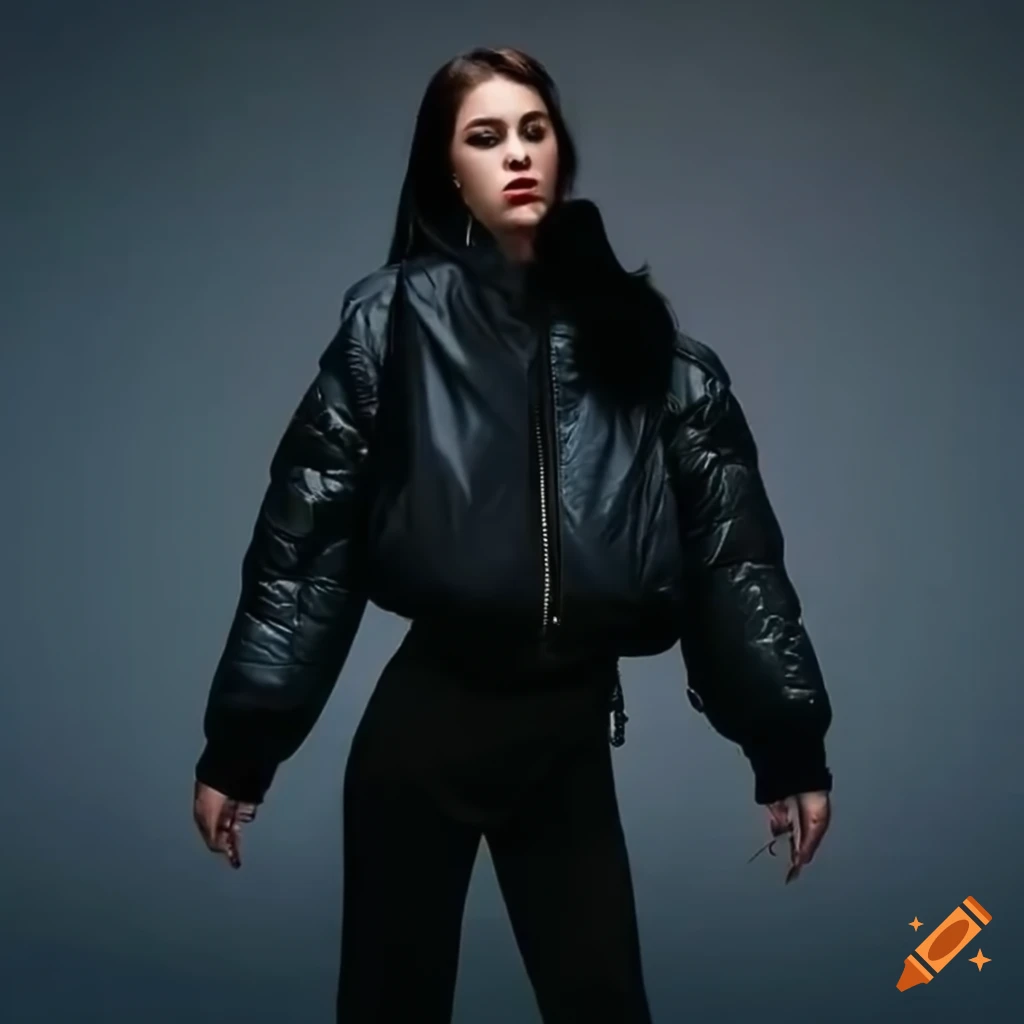 Stylish lady in black pants and bomber jacket walking on the street