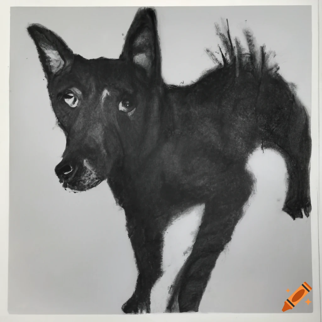 Dog shadow creeping in a village patch in a gloomy charcoal drawing
