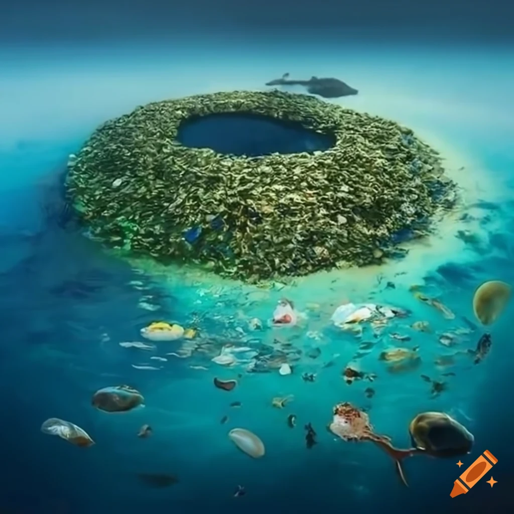 Giant island of garbage in an ocean, hyperrealistic art
