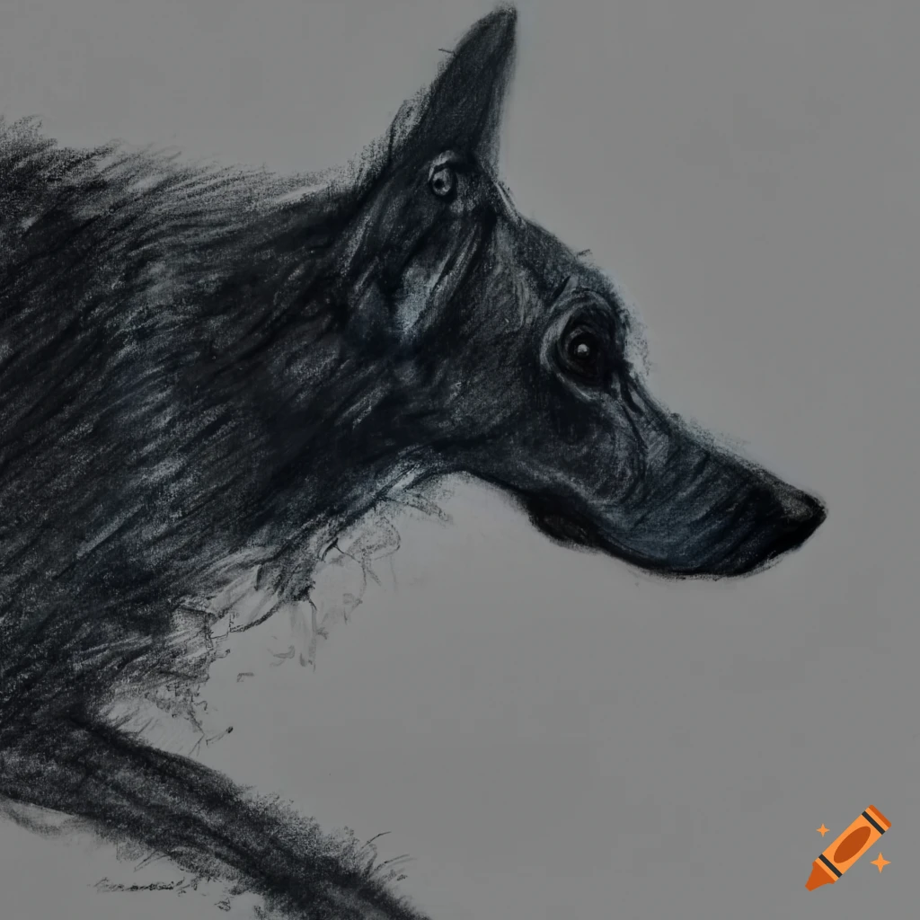 Dog shadow running in a village patch in charcoal black and white
