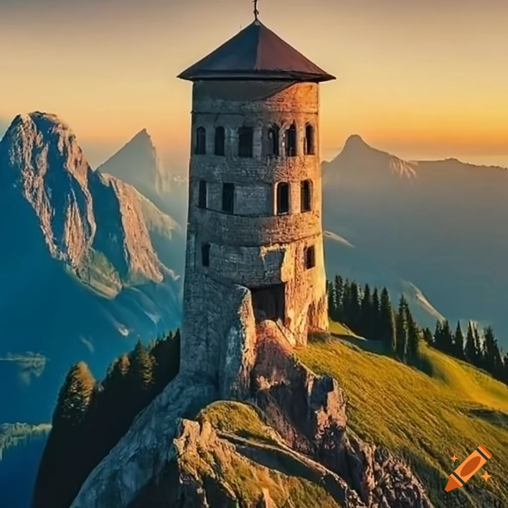 Tower in deep canyon surrounded by mountains