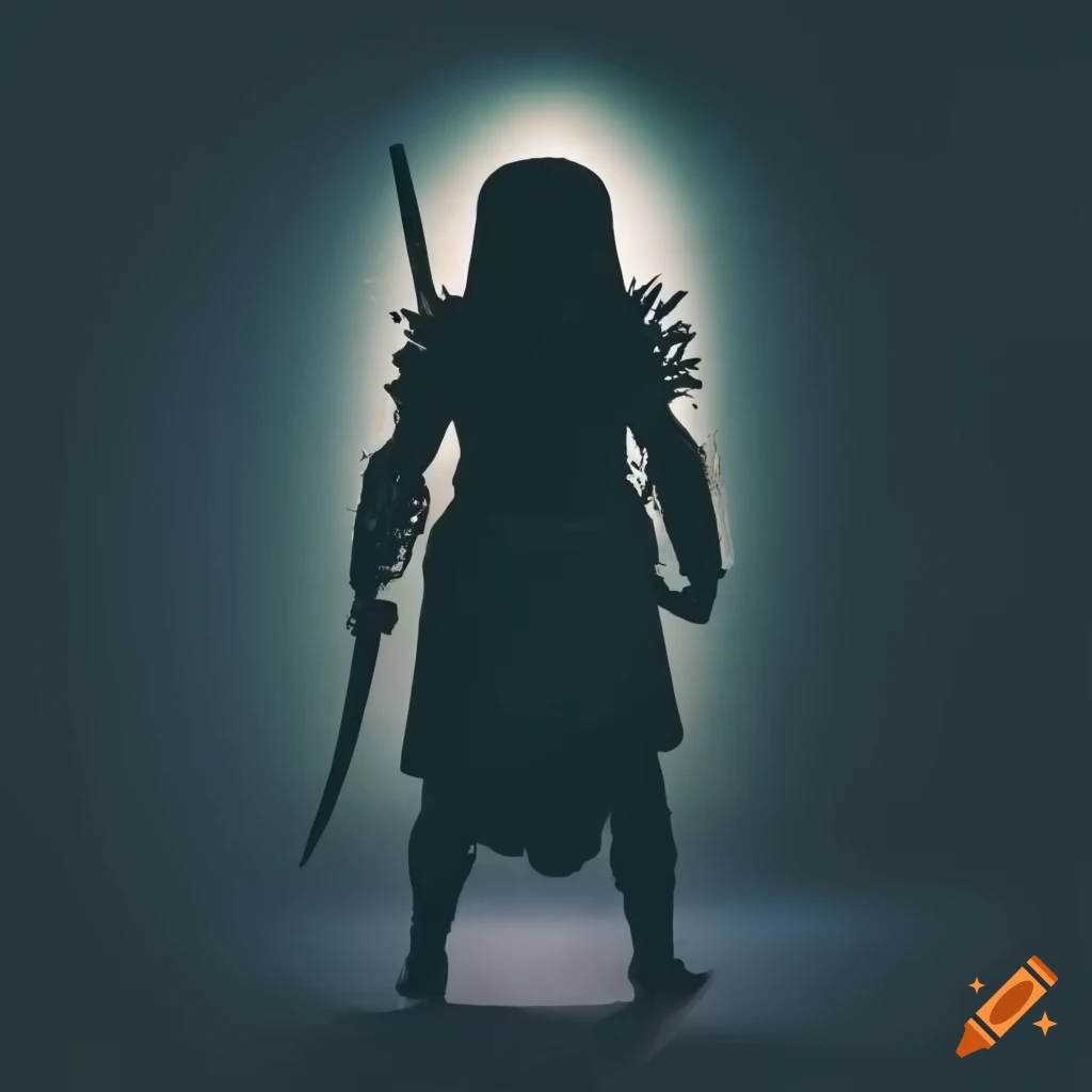 Silhouette of a human warrior in Arab-style predator armor holding a katana on a midnight battlefield