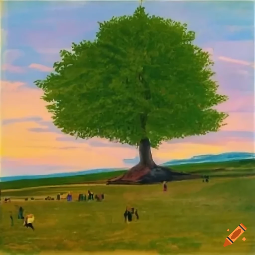 Two people standing in a meadow with a green tree on the left and a tall bonfire flame on the right