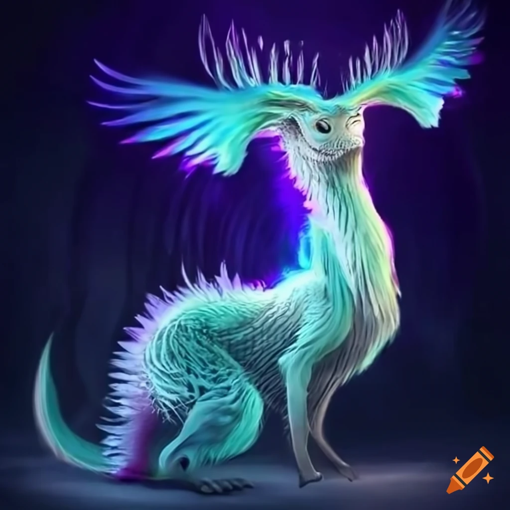 Quadrapedal fantasy creature with aurora light, fluffy body, scales