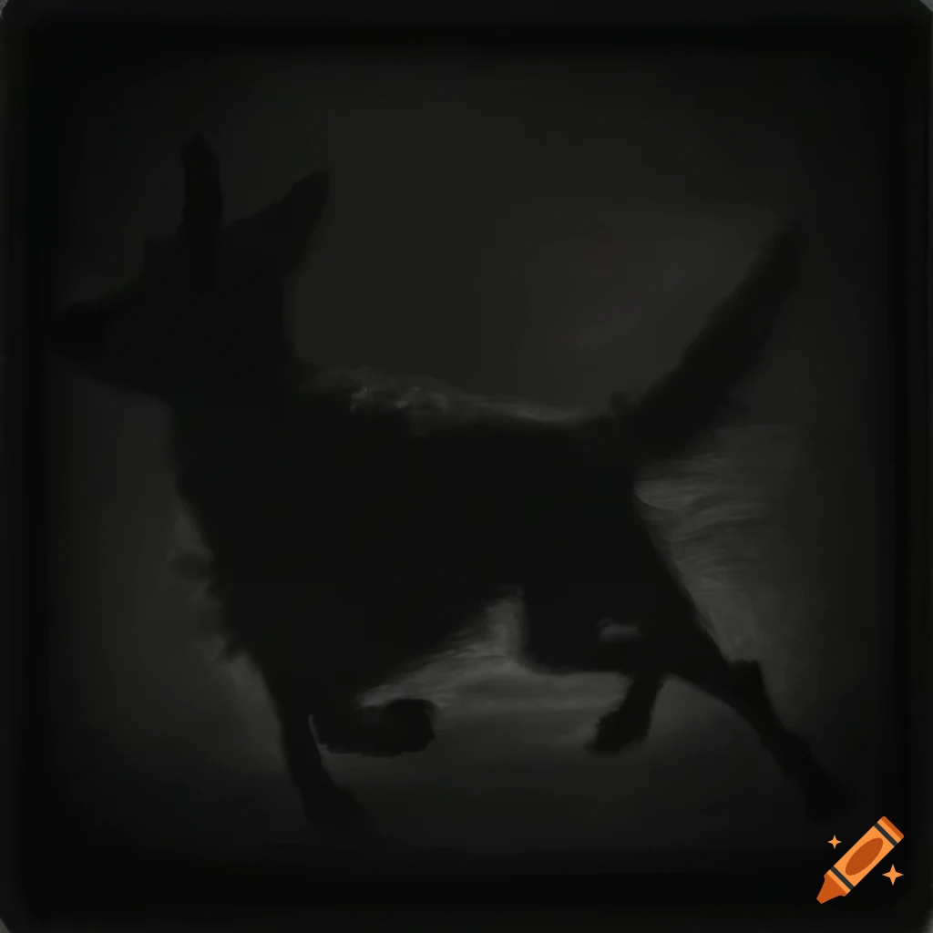 Dark dog shadow running in village patch in charcoal drawing
