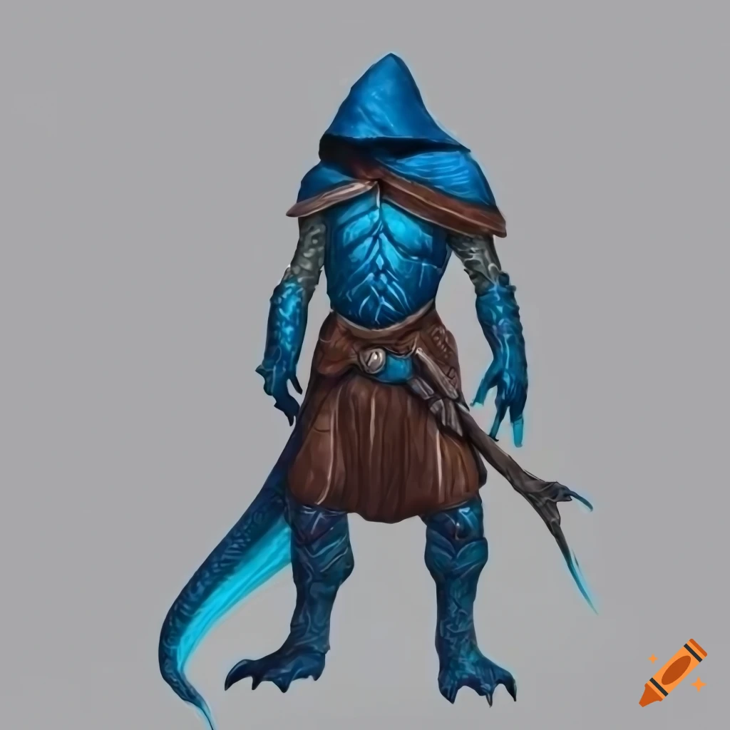 Hooded Dragonborn with bird mask and blue dragon tail